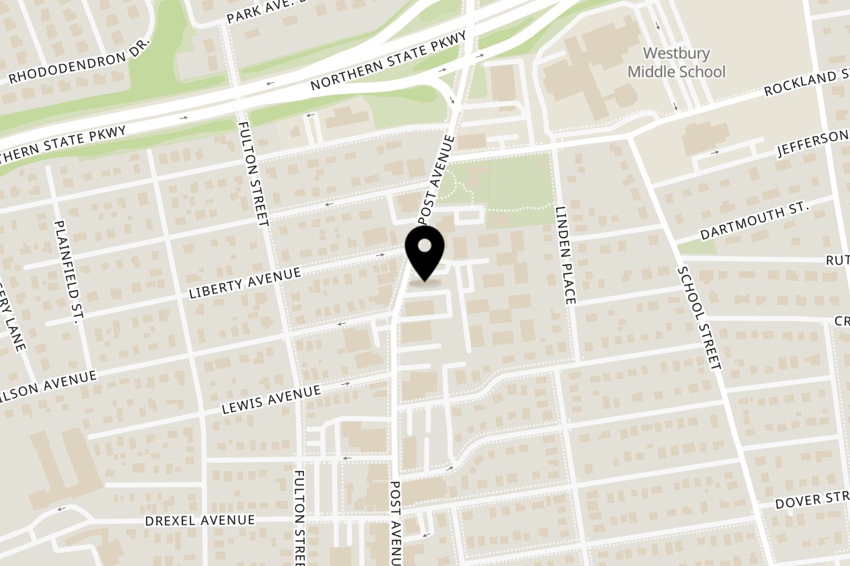 Map showing the location of Mexican Juice Box Cafe on 324-1 Post Ave in Westbury